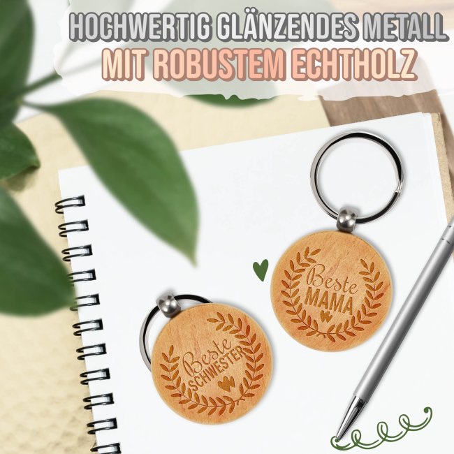 Schl&uuml;sselanh&auml;nger f&uuml;r die beste Frau - rund aus Echtholz - 45 x 45 mm
