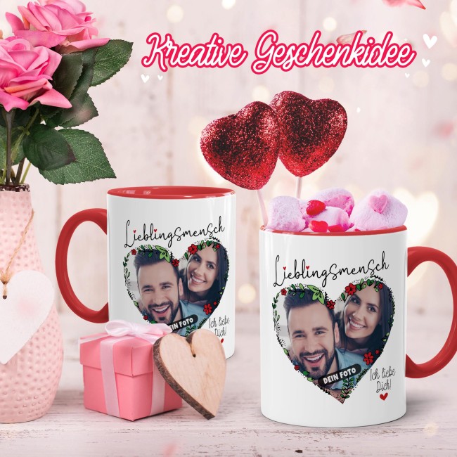 Tasse - Lieblingsmensch mit Foto - Ich Liebe Dich - Innen &amp; Henkel Rot