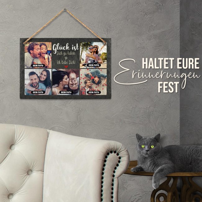 Schiefersteinplatte mit Fotocollage - Gl&uuml;ck ist