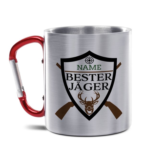 Karabiner Tasse - Bester J&auml;ger - mit Name - Rot, 280 ml