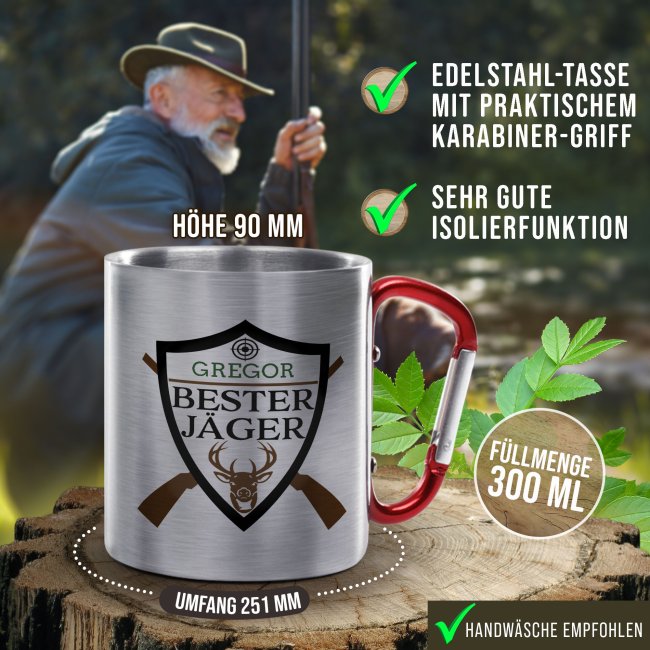 Karabiner Tasse - Bester J&auml;ger - mit Name - Rot, 280 ml