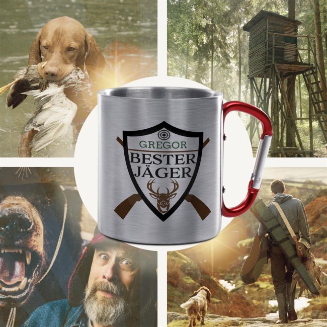 Karabiner Tasse - Bester J&auml;ger - mit Name - Rot, 280 ml