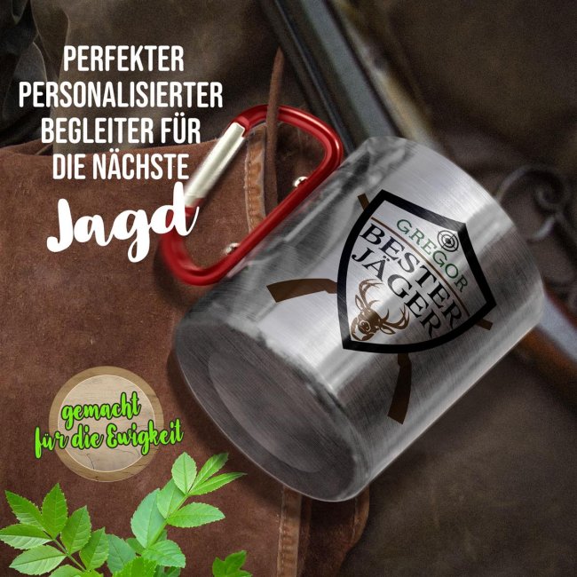 Karabiner Tasse - Bester J&auml;ger - mit Name - Rot, 280 ml