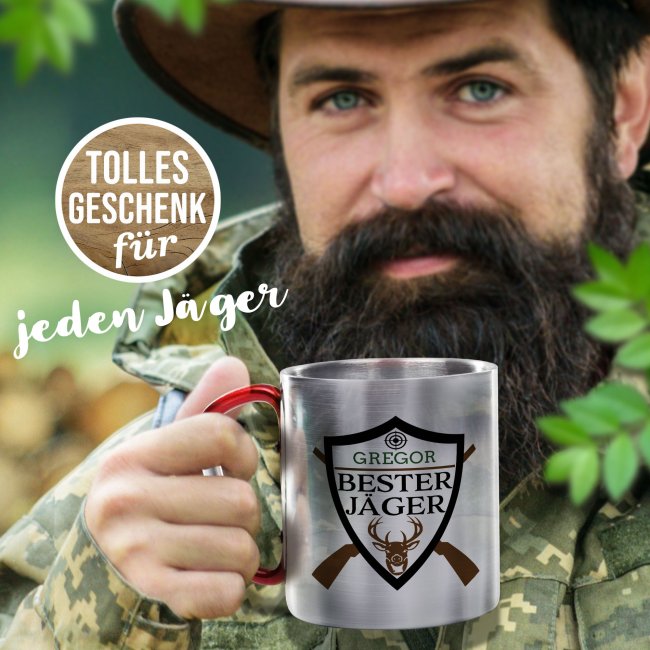 Karabiner Tasse - Bester J&auml;ger - mit Name - Rot, 280 ml