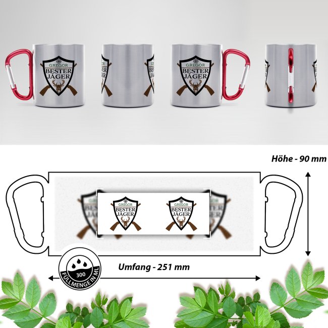 Karabiner Tasse - Bester J&auml;ger - mit Name - Rot, 280 ml