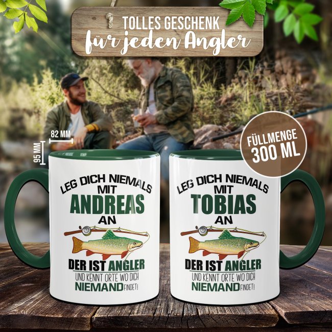 Tasse - Ein Angler kennt Orte wo dich keiner findet - mit Name - Innen &amp; Henkel Dunkelgr&uuml;n