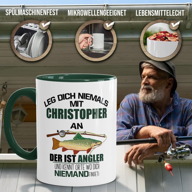 Tasse - Ein Angler kennt Orte wo dich keiner findet - mit Name - Innen &amp; Henkel Dunkelgr&uuml;n
