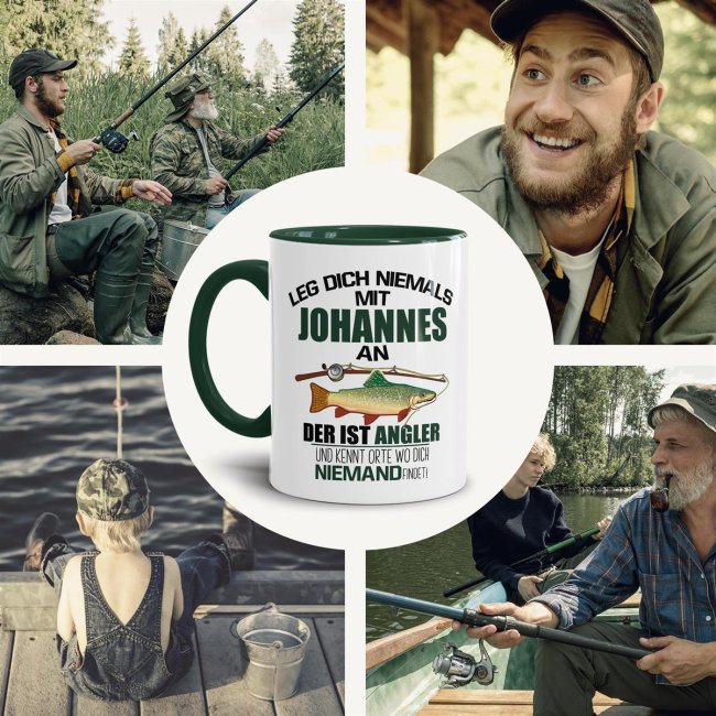 Tasse - Ein Angler kennt Orte wo dich keiner findet - mit Name - Innen &amp; Henkel Dunkelgr&uuml;n