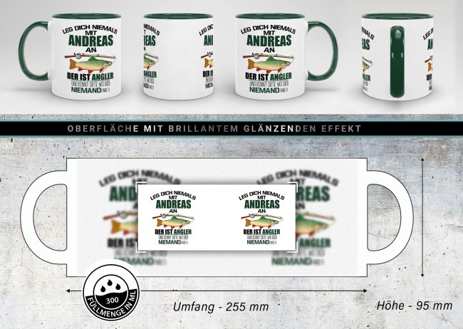 Tasse - Ein Angler kennt Orte wo dich keiner findet - mit Name - Innen &amp; Henkel Dunkelgr&uuml;n