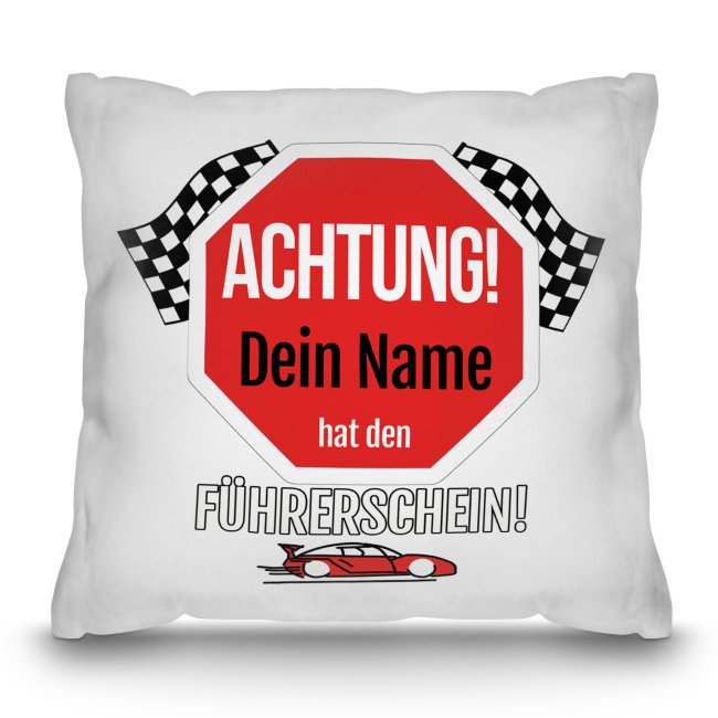 Kissen mit lustigem Spruch - mit Name - zur bestandenen F&uuml;hrerschein-Pr&uuml;fung