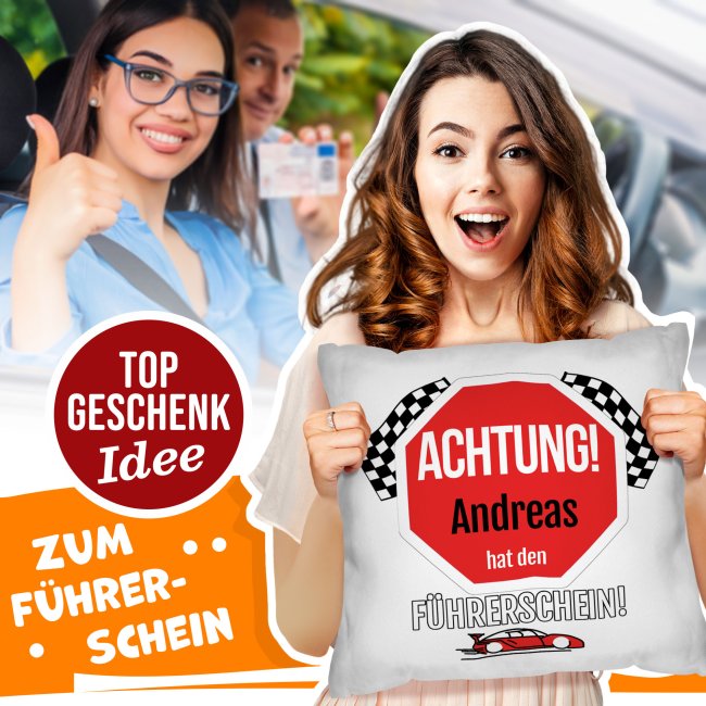 Kissen mit lustigem Spruch - mit Name - zur bestandenen F&uuml;hrerschein-Pr&uuml;fung