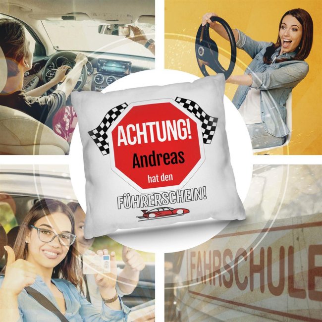 Kissen mit lustigem Spruch - mit Name - zur bestandenen F&uuml;hrerschein-Pr&uuml;fung