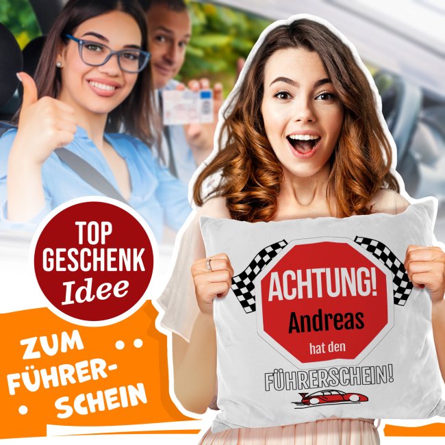 Kissen mit lustigem Spruch - mit Name - zur bestandenen F&uuml;hrerschein-Pr&uuml;fung, Wei&szlig; Flauschig