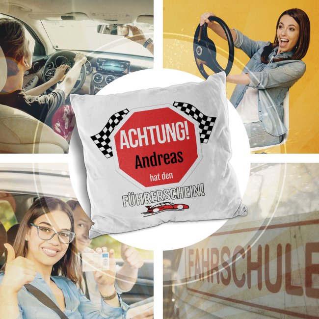 Kissen mit lustigem Spruch - mit Name - zur bestandenen F&uuml;hrerschein-Pr&uuml;fung, Wei&szlig; Flauschig
