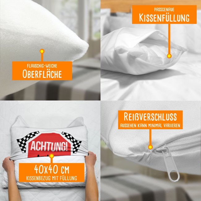 Kissen mit lustigem Spruch - mit Name - zur bestandenen F&uuml;hrerschein-Pr&uuml;fung, Wei&szlig; Flauschig