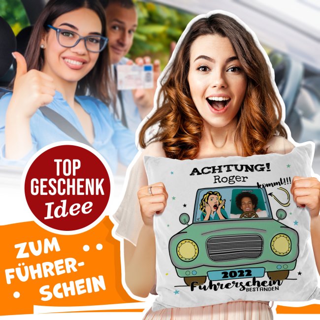 Spruch-Kissen zum bestandenen F&uuml;hrerschein - mit Foto, Foto, Name und Jahr