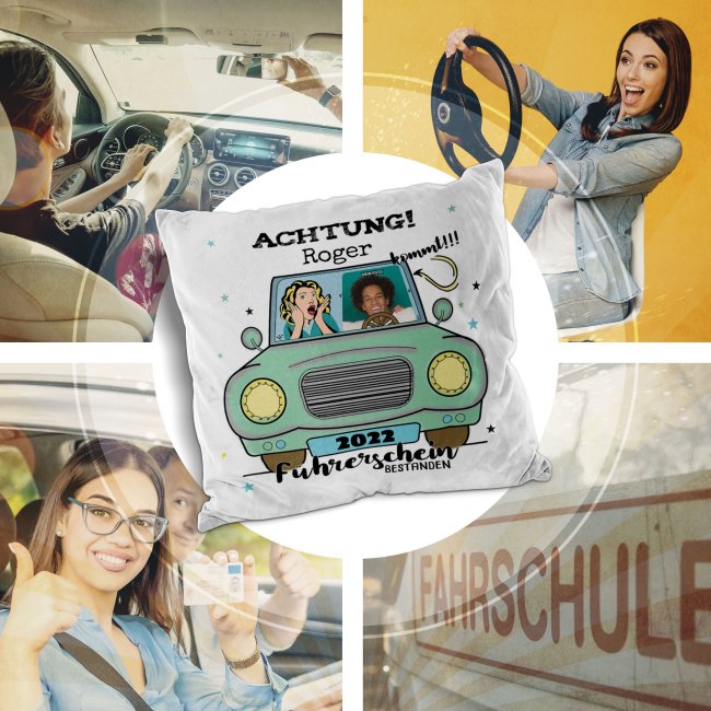 Spruch-Kissen zum bestandenen F&uuml;hrerschein - mit Foto, Foto, Name und Jahr