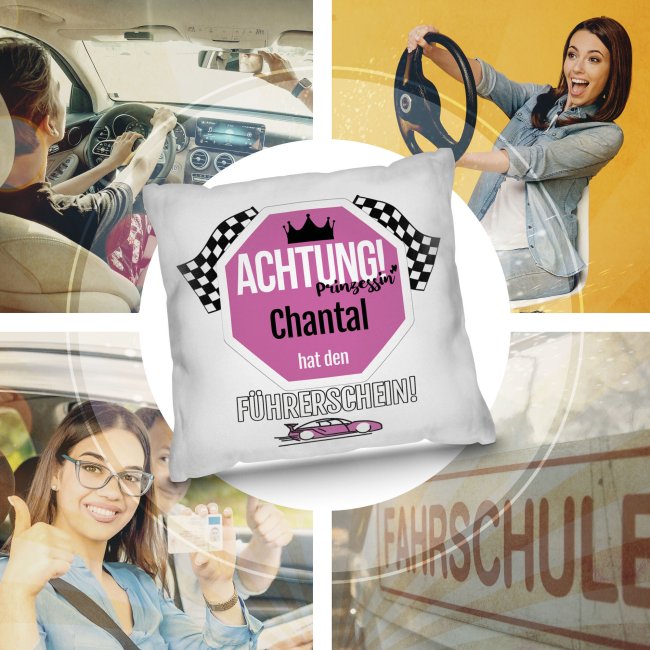 Lustiges Kissen mit Spruch - Achtung F&uuml;hrerschein - mit Name