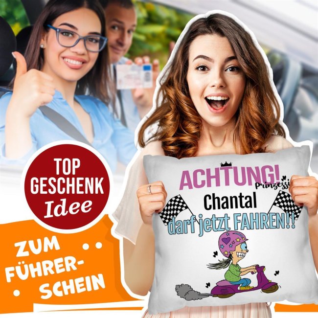 Witziges Kissen mit Spruch zum bestandenen F&uuml;hrerschein - mit Wunschname,