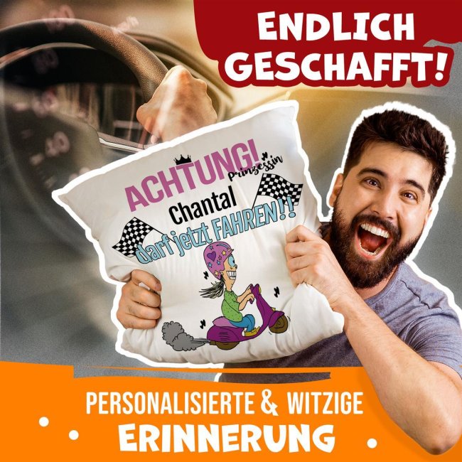 Witziges Kissen mit Spruch zum bestandenen F&uuml;hrerschein - mit Wunschname,