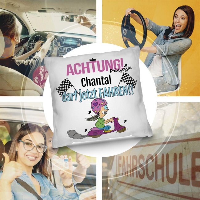 Witziges Kissen mit Spruch zum bestandenen F&uuml;hrerschein - mit Wunschname,