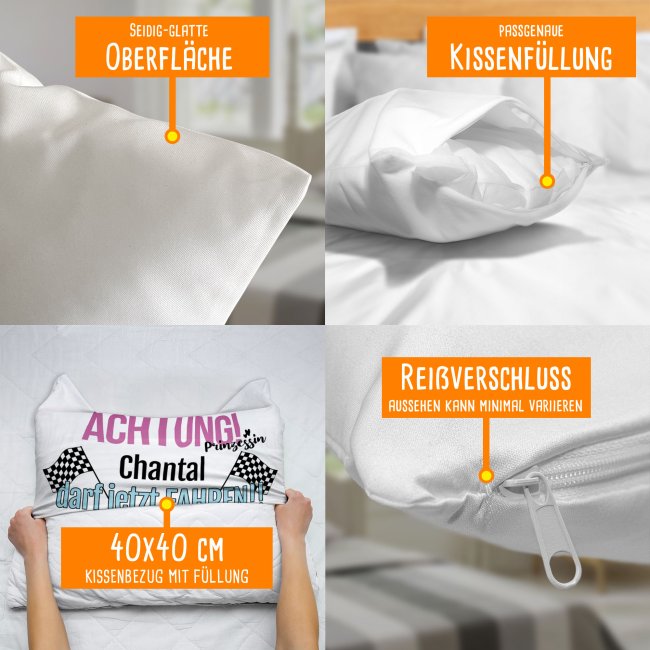 Witziges Kissen mit Spruch zum bestandenen F&uuml;hrerschein - mit Wunschname,