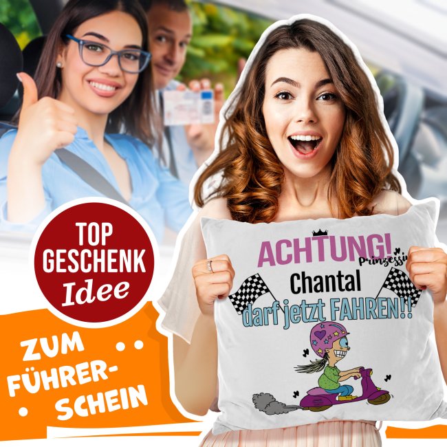 Lustiges Kissen mit Wunschname - F&uuml;hrerschein bestanden