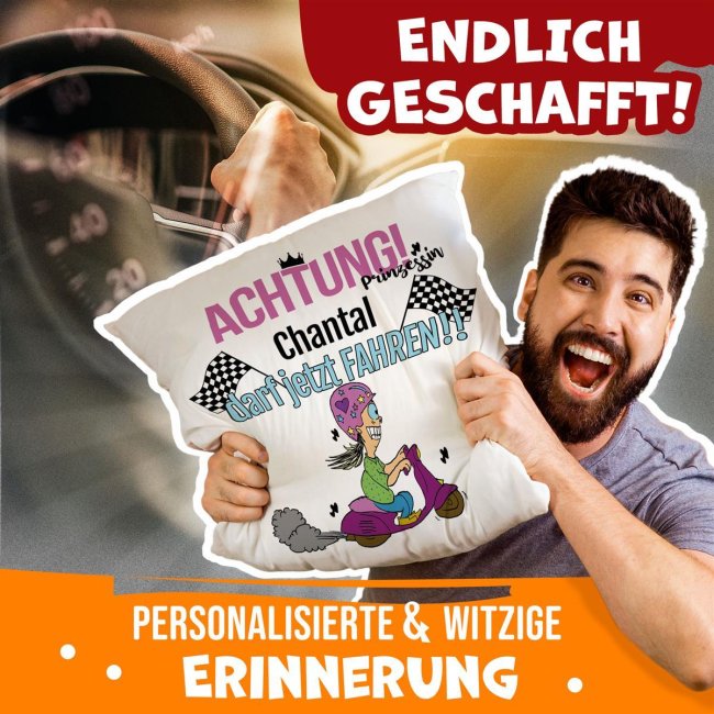 Lustiges Kissen mit Wunschname - F&uuml;hrerschein bestanden
