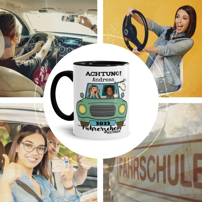 Tasse - F&uuml;hrerschein bestanden - gr&uuml;nes Auto - mit Foto, Name und Jahr - Innen &amp; Henkel Schwarz