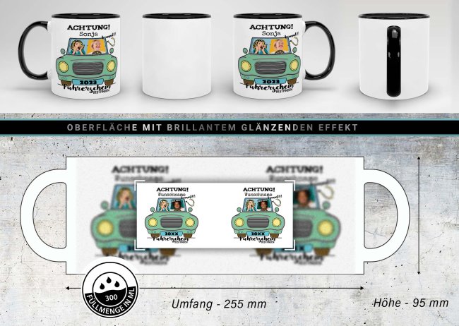 Tasse - F&uuml;hrerschein bestanden - gr&uuml;nes Auto - mit Foto, Name und Jahr - Innen &amp; Henkel Schwarz