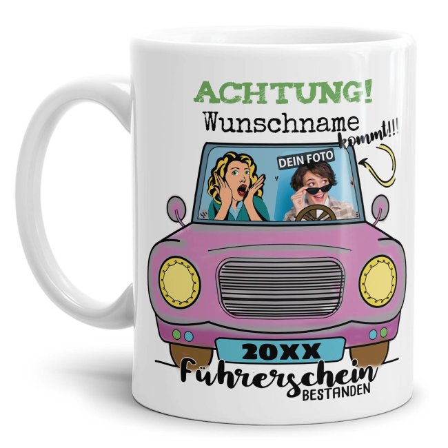 Tasse - F&uuml;hrerschein bestanden - rosa Auto - mit Foto, Name und Jahr - Wei&szlig;