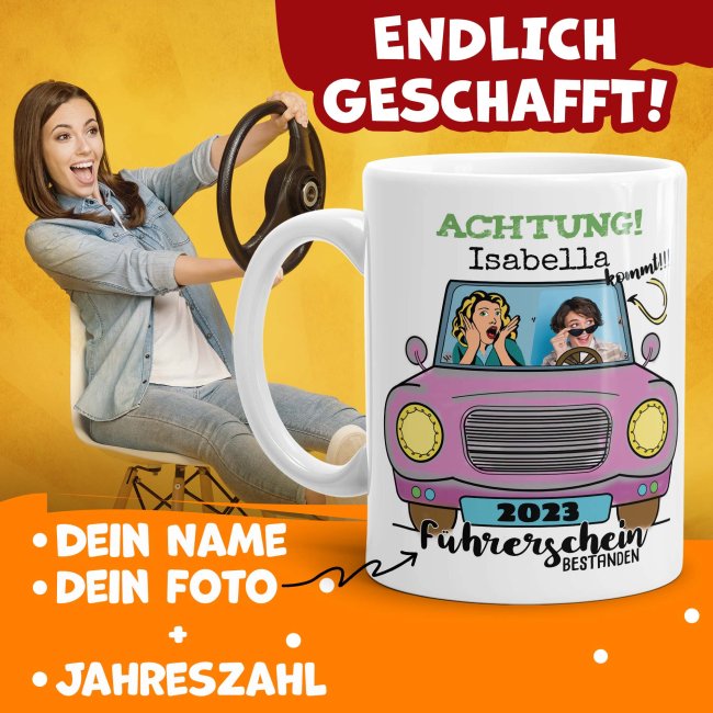 Tasse - F&uuml;hrerschein bestanden - rosa Auto - mit Foto, Name und Jahr - Wei&szlig;