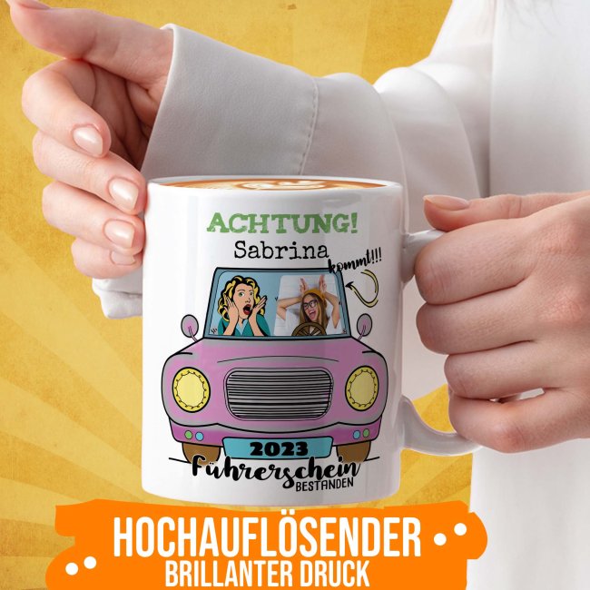 Tasse - F&uuml;hrerschein bestanden - rosa Auto - mit Foto, Name und Jahr - Wei&szlig;