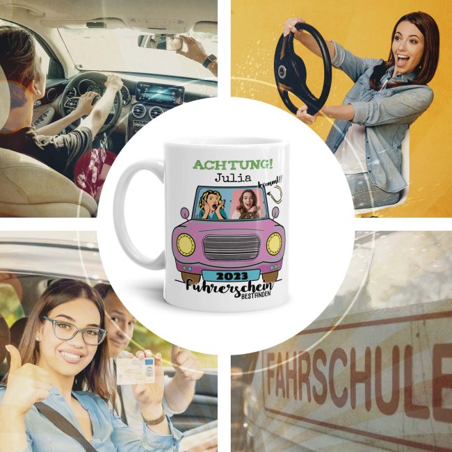 Tasse - F&uuml;hrerschein bestanden - rosa Auto - mit Foto, Name und Jahr - Wei&szlig;