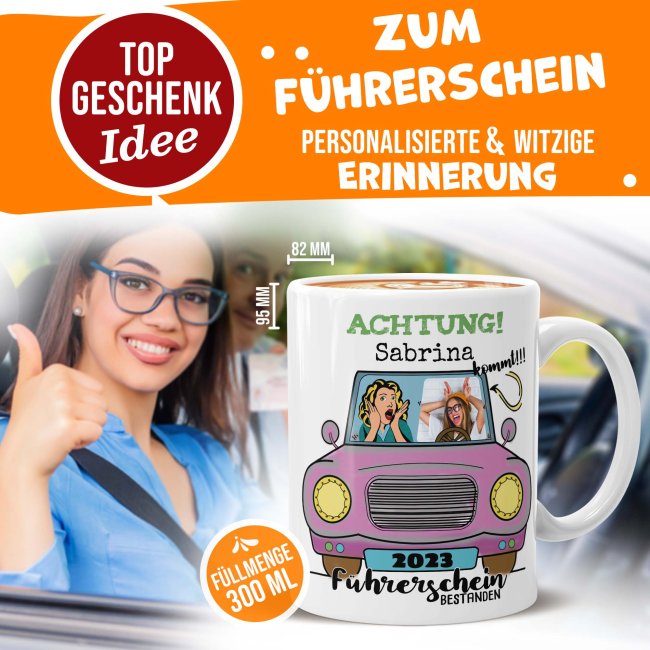 Tasse - F&uuml;hrerschein bestanden - rosa Auto - mit Foto, Name und Jahr - Wei&szlig;