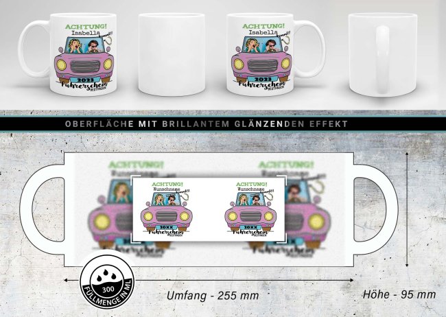 Tasse - F&uuml;hrerschein bestanden - rosa Auto - mit Foto, Name und Jahr - Wei&szlig;