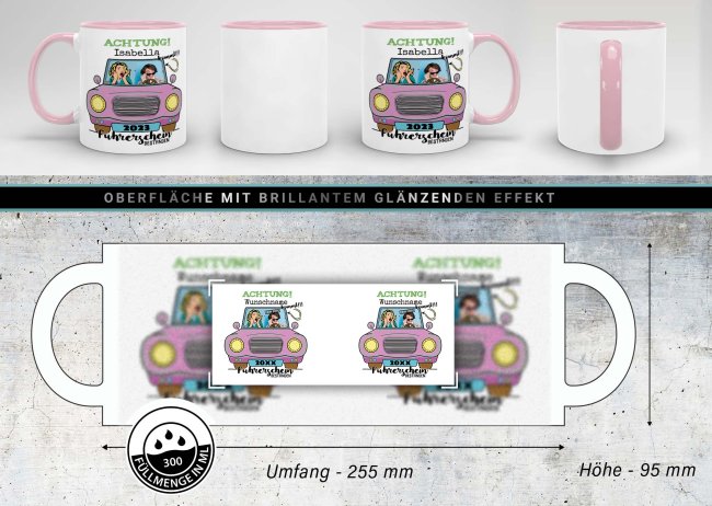 Tasse - F&uuml;hrerschein bestanden - rosa Auto - mit Foto, Name und Jahr - Innen &amp; Henkel Rosa