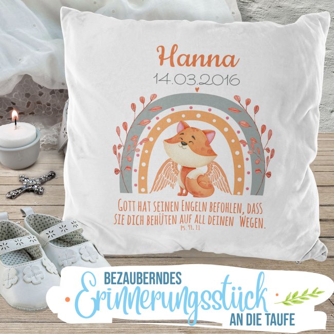 Kuscheliges Taufkissen Fuchs - Gott hat befohlen - mit Name und Datum personalisierbar - Wei&szlig; Flauschig
