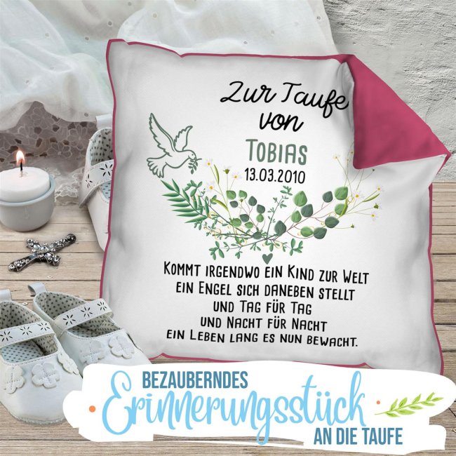 Taufkissen mit Spruch - Kommt ein Kind zur Welt - mit Name und Datum personalisierbar - Pink