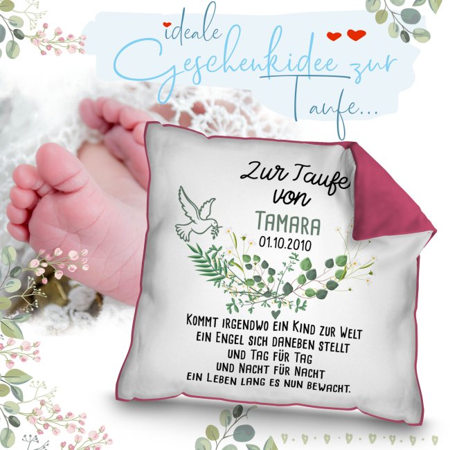 Taufkissen mit Spruch - Kommt ein Kind zur Welt - mit Name und Datum personalisierbar - Pink