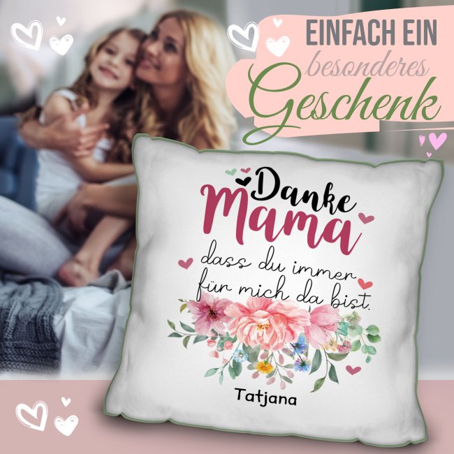 Kissen f&uuml;r Mama - Danke Mama, dass Du mich liebst - mit Wunschtext beschriften - Gr&uuml;n