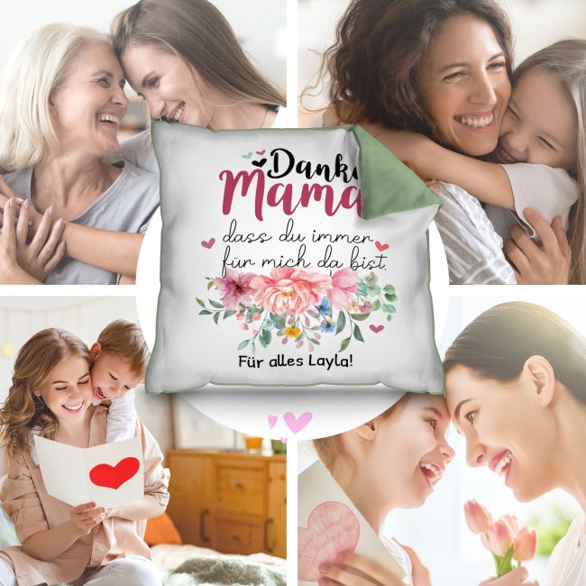 Kissen f&uuml;r Mama - Danke Mama, dass Du mich liebst - mit Wunschtext beschriften - Gr&uuml;n