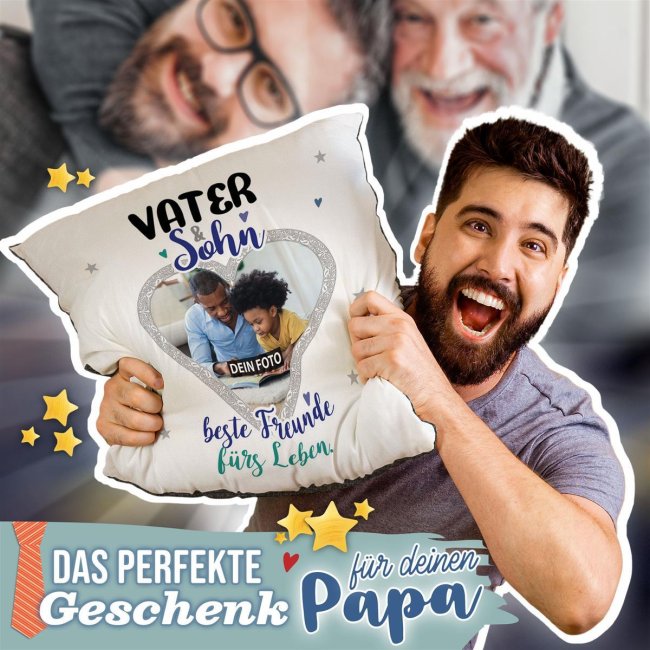 Kissen f&uuml;r Papa - Vater und Sohn - mit Foto personalisierbar - Schwarz gemustert