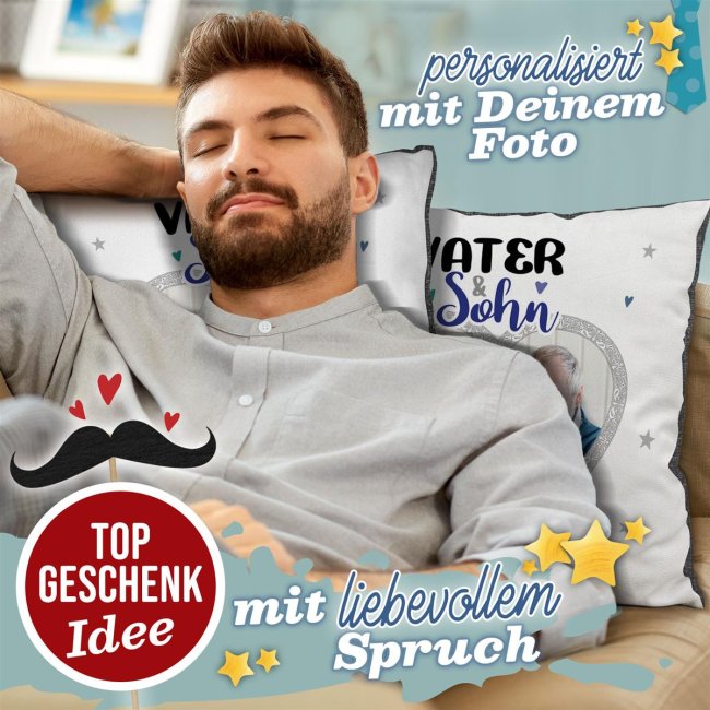 Kissen f&uuml;r Papa - Vater und Sohn - mit Foto personalisierbar - Schwarz gemustert