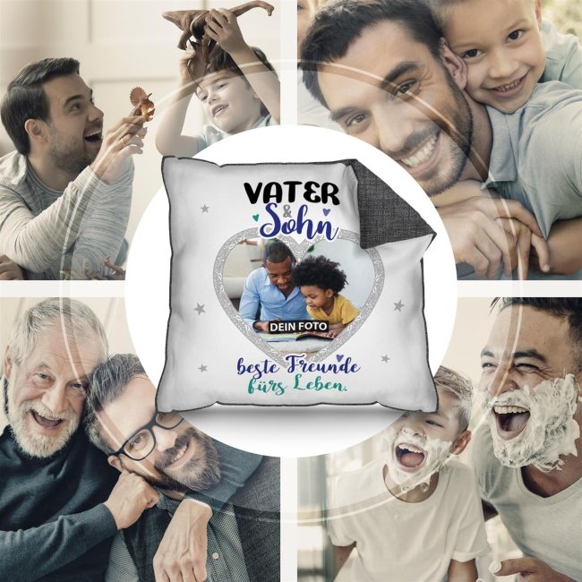 Kissen f&uuml;r Papa - Vater und Sohn - mit Foto personalisierbar - Schwarz gemustert