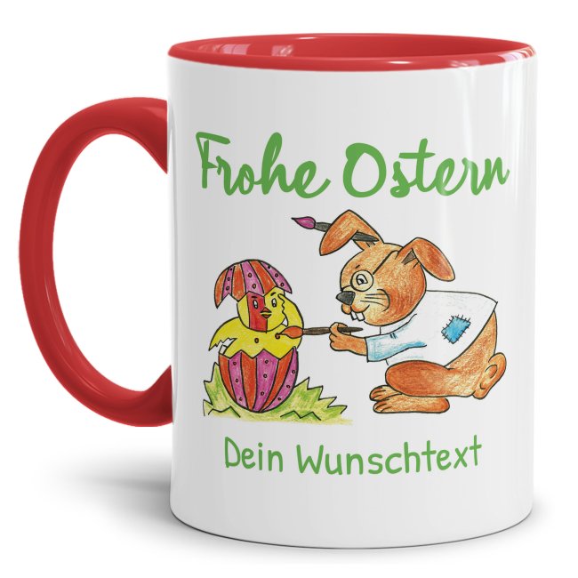 Tasse mit Osterhase und K&uuml;ken - mit Wunschtext personalisierbar - Innen &amp; Henkel Rot