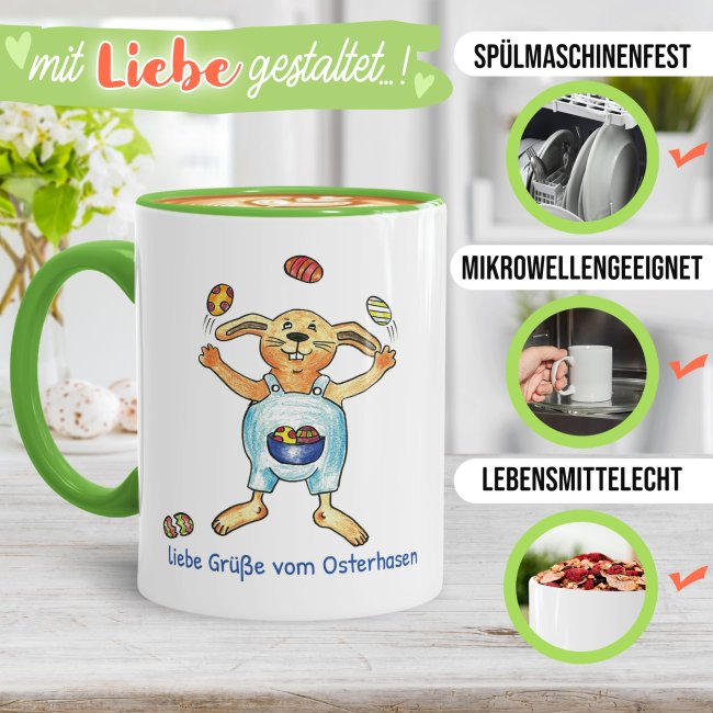 Tasse mit Osterhase - Eier-Jongleur - mit Wunschtext personalisierbar - Innen &amp; Henkel Hellgr&uuml;n