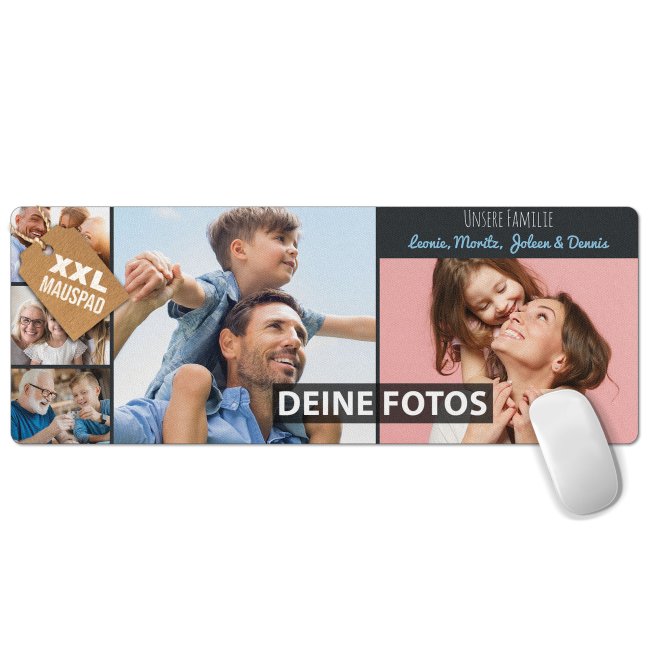 XXL Mousepad mit Fotocollage f&uuml;r 5 Fotos selbst gestalten - inkl. Wunschtext - 800 x 300 mm