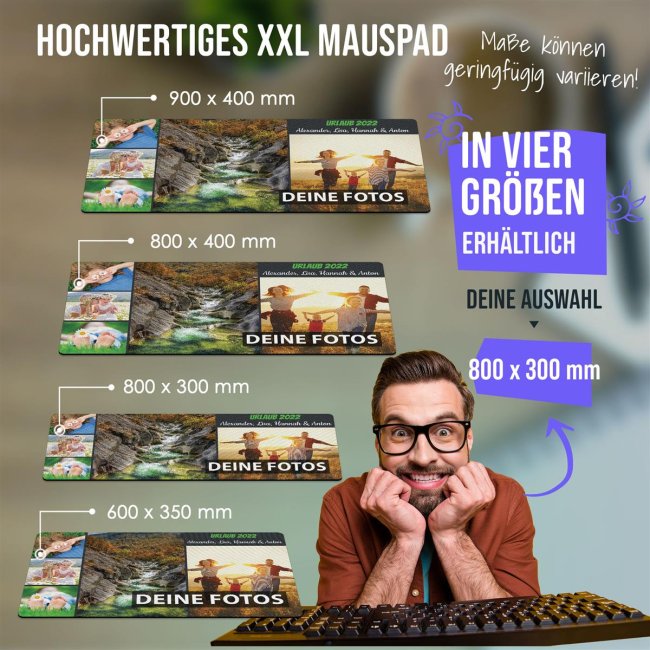 XXL Mousepad mit Fotocollage f&uuml;r 5 Fotos selbst gestalten - inkl. Wunschtext - 800 x 300 mm