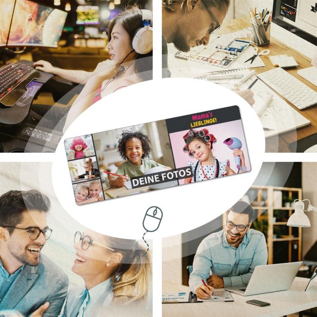 XXL Mousepad mit Fotocollage f&uuml;r 5 Fotos selbst gestalten - inkl. Wunschtext - 800 x 300 mm
